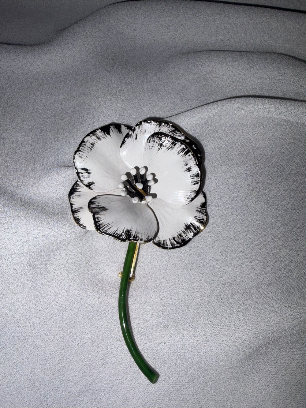 Original by Robert Enamel Flower Brooch White Black Green Stem Vintage Signed